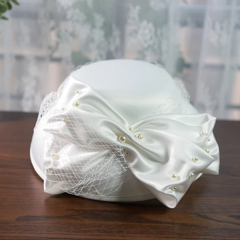 French Elegant Ladies White Satin Deep Fedoras Large Pearl Bow Face Veil Fascinators Big Wedding Hat Bride Party Hat Headdress