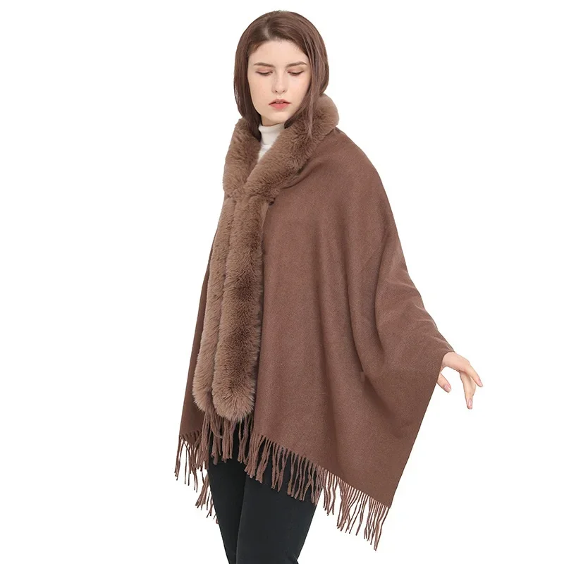

Winter Imitation Wool Collar Cloak Scarf Dual-purpose Female Imitation Cashmere Shawl Ponchos Lady Capes Cloak Coffee Cardigan