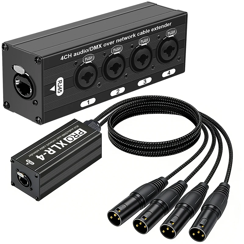 RJ45 zu 4-Kanal XLR/DMX Audio STP RJ45 Cat5 Ethernet-Extender XLR-Extender Transceiver für Live-Bühne, Audio-Aufnahmestudio – Detail 1