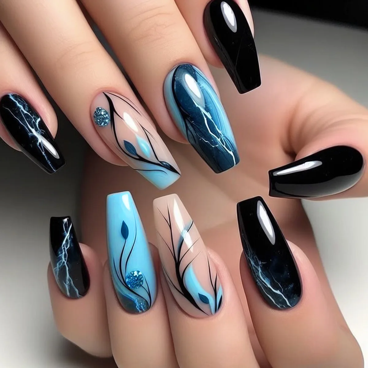 24Pcs Dark Blue Square Head Press on False Nails 3D Ocean Mid-length Fake Nail Wearable Finished Manicure Full Cover Nail Tips