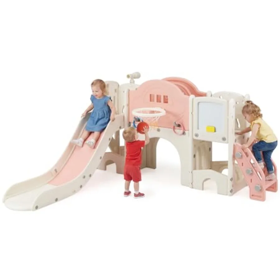 

Indoor toddler slide set for ages 3+ pink fabric and plastic playset with magnetic whiteboard ring toss basketball hoop crawlin