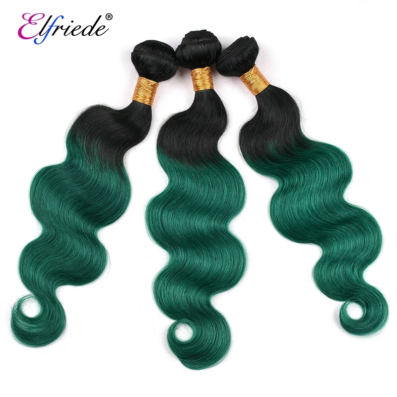 Elfriede Ombre 1B/Green Body Wave Hair Bundles with Frontal Brazilian Remy Human Hair Weaves 3 Bundles with Lace Frontal 13x4