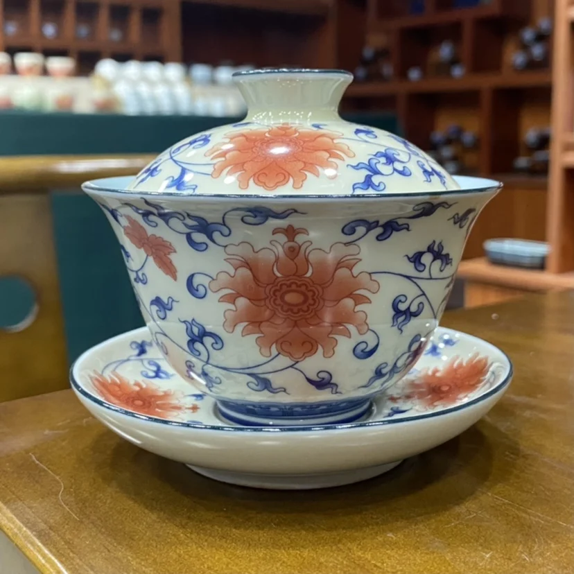 Handmade Jingdezhen Ceramic Blue and White Glazed Red Gaiwan Single Tea Brewing Bowl Home Gift Kung Fu Set Teacup