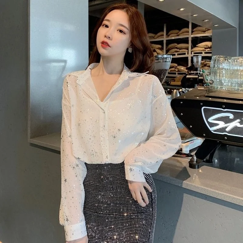 Women\'s Shirts and Blouses Long Sleeve Clothing Chiffon Spring Top for Woman Pattern White Elegant Chic Youth Y2k Fashion 2024 M