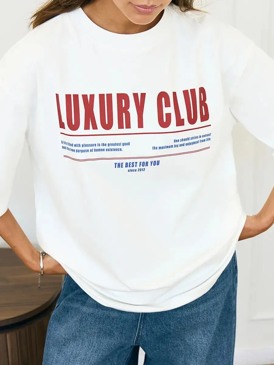 High Quality Soft Cotton T-Shirt Retro Varsity LUXURY CLUB Letter Print Vintage Graphic Loose Fit Casual Short Sleeve Daily Tees