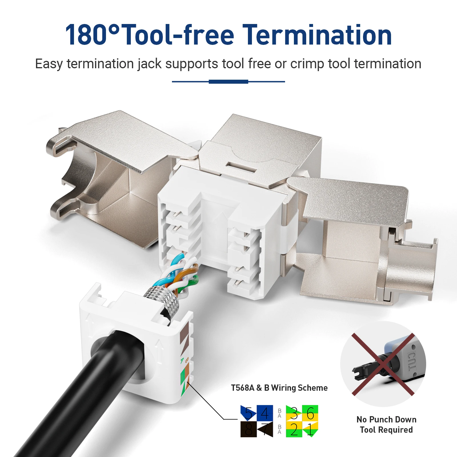 ZoeRax 1-Pack RJ45 terlindung Cat6A Cat7 Cat8 Keystone Jack, 180 derajat rol Zinc-Alloy Housing Keystone Jack