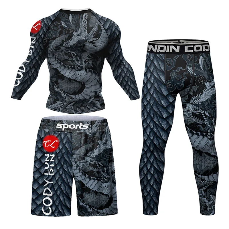 Men Rashguard MMA T-shirt +Pants 4PCS/Suit Jiu Jitsu Black Grappling Bjj Gi Boxing Rash Guard Sportwear lLeggings Set MMA Shorts