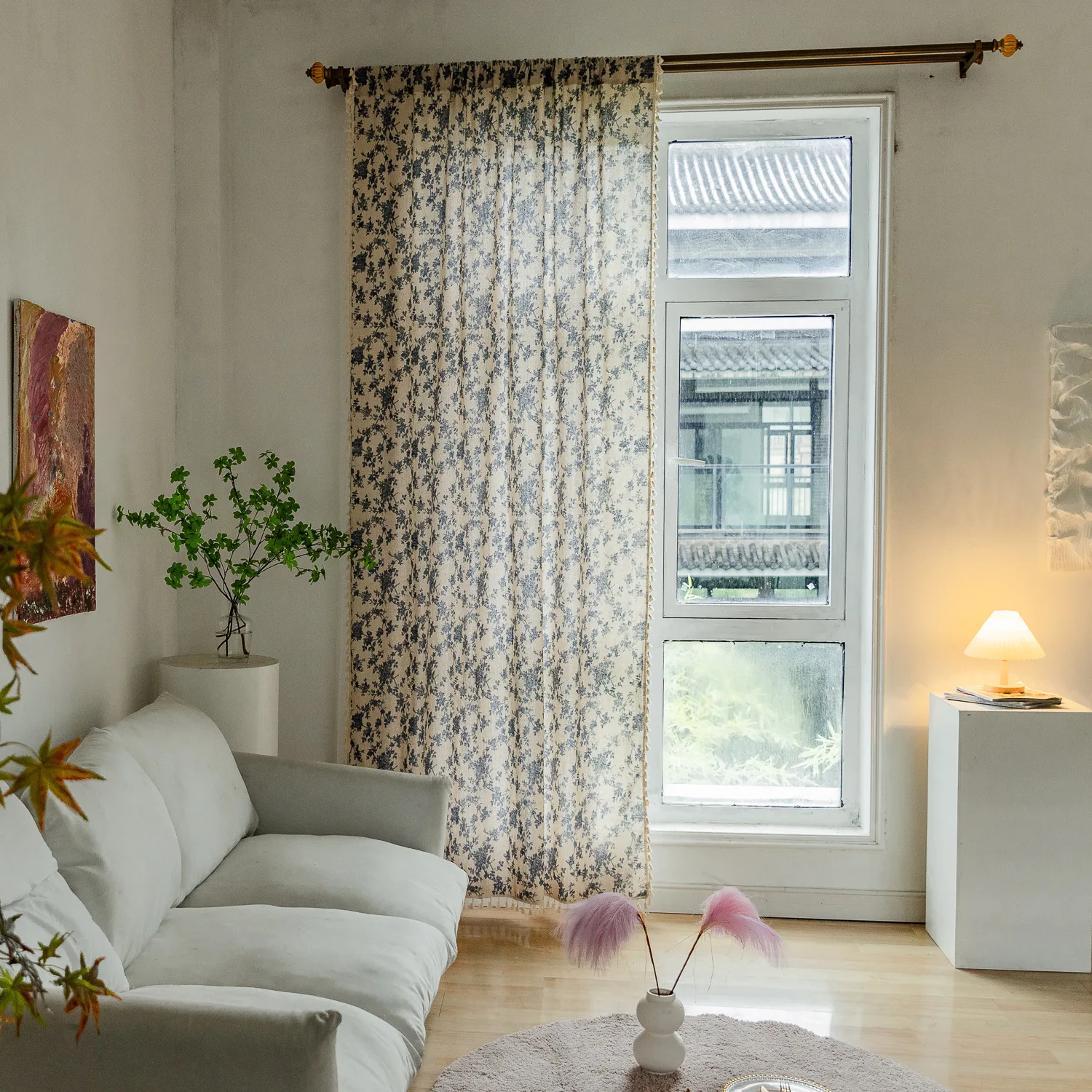 

North American Style Finished Curtain with Tassels Cotton Linen Printed Balcony Drapes for Small Windows Coffee Half Curtains