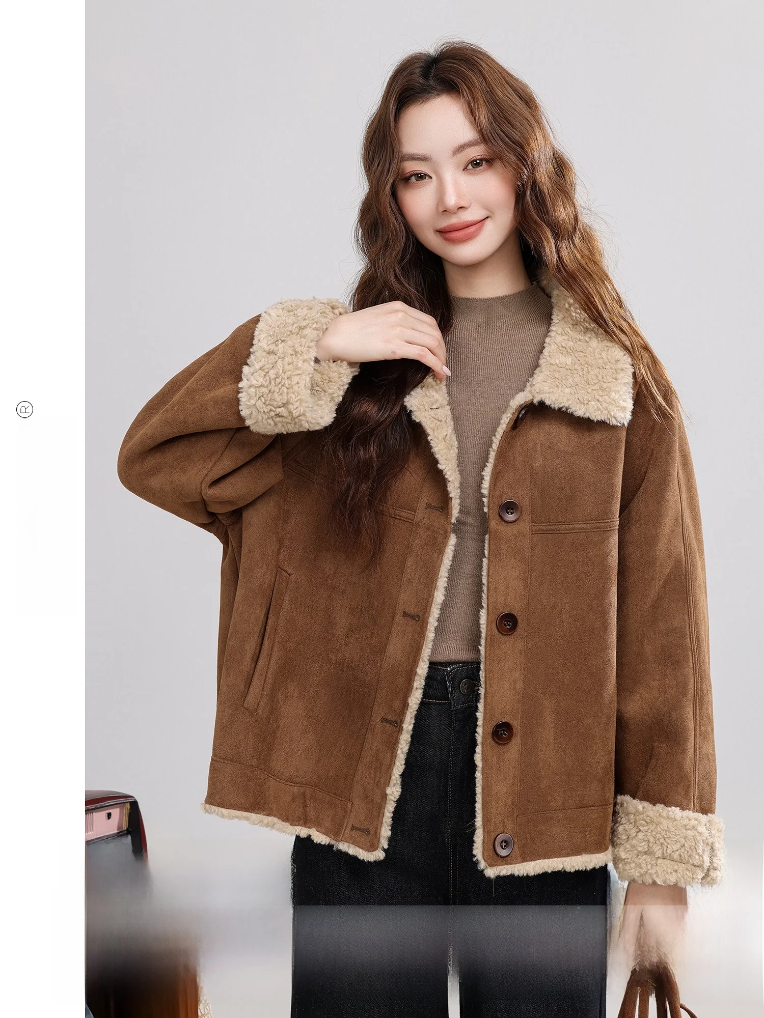 

Danfeng Vintage Coffee Leather Fur Inteated Lamb Fur Jaet Women's Casual Winter New Sle ort Outerwear