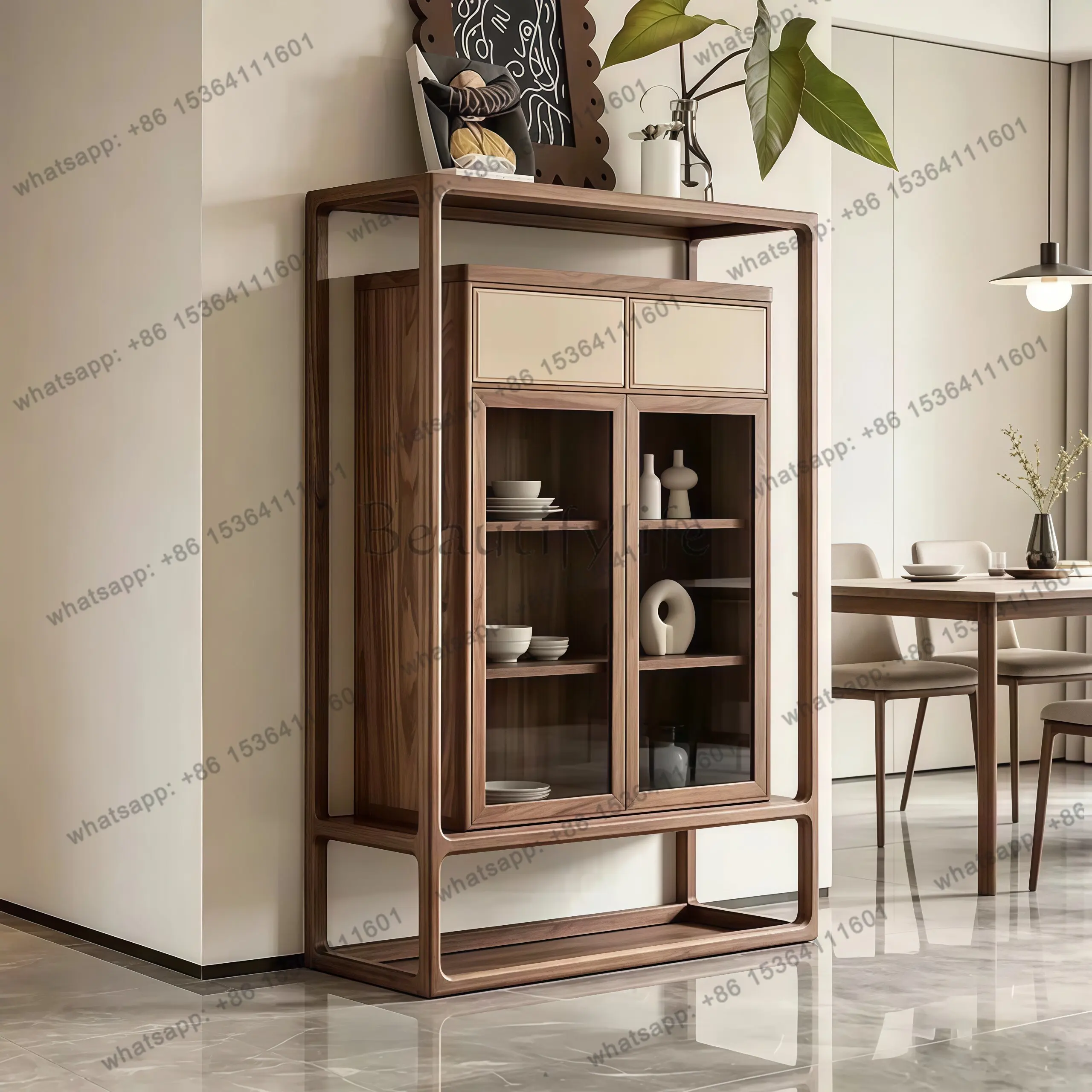 YJ New Chinese Solid Wood Display Shelf Modern Simple Storage Unit For Tea Set Home Office Decor
