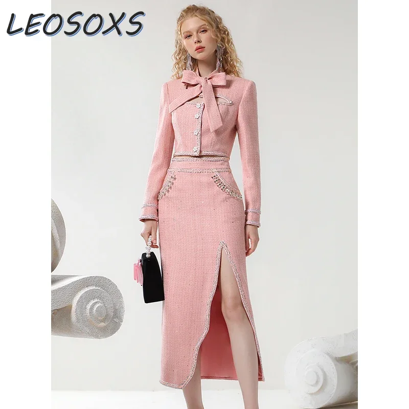 LEOSOXS Elegant Blazer Coat Skirt Set 2024 Autumn and Winter New Pink Bow Jacket Top Long Hip Skirt Two-piece Suit Women Outfit