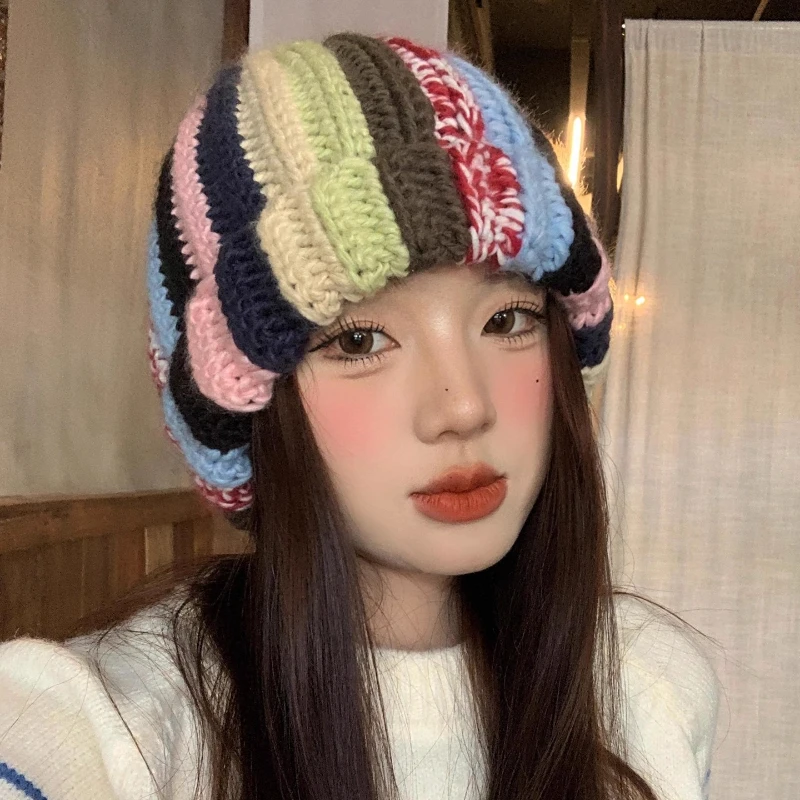 Niche Leisure Pullover Hats for Men Autumn and Winter Travel Warm and Versatile Colorful Striped Knitted Benaies for Women