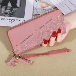 KISMIS New Long Women's Zipper Wallet - Korean Splicing, Color Contrast, Tassel, and Rivet Details