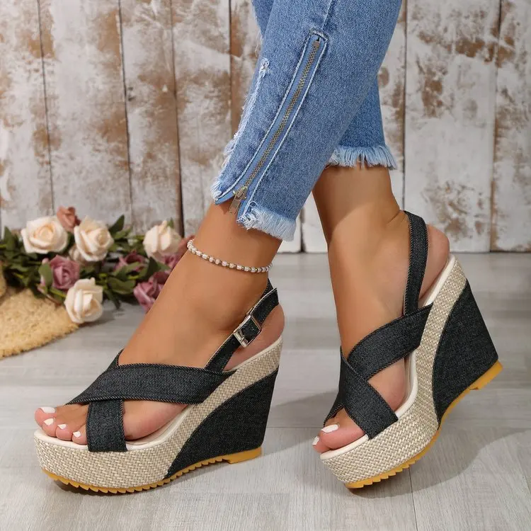 Plus Size 35-42 Shoes for Women Ankle Buckle Wedges Sandals for Women Summer Denim Sandal Comfortable Thick Sole Sandalias Mujer