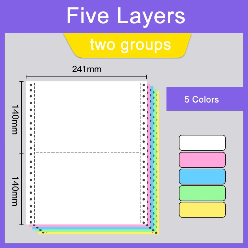 Makeasy 5L/2G Carbonless Printing Paper For Dot Matrix Printer 1000 Sheets 5 Layers Two Columns (Two Groups) Per Sheet