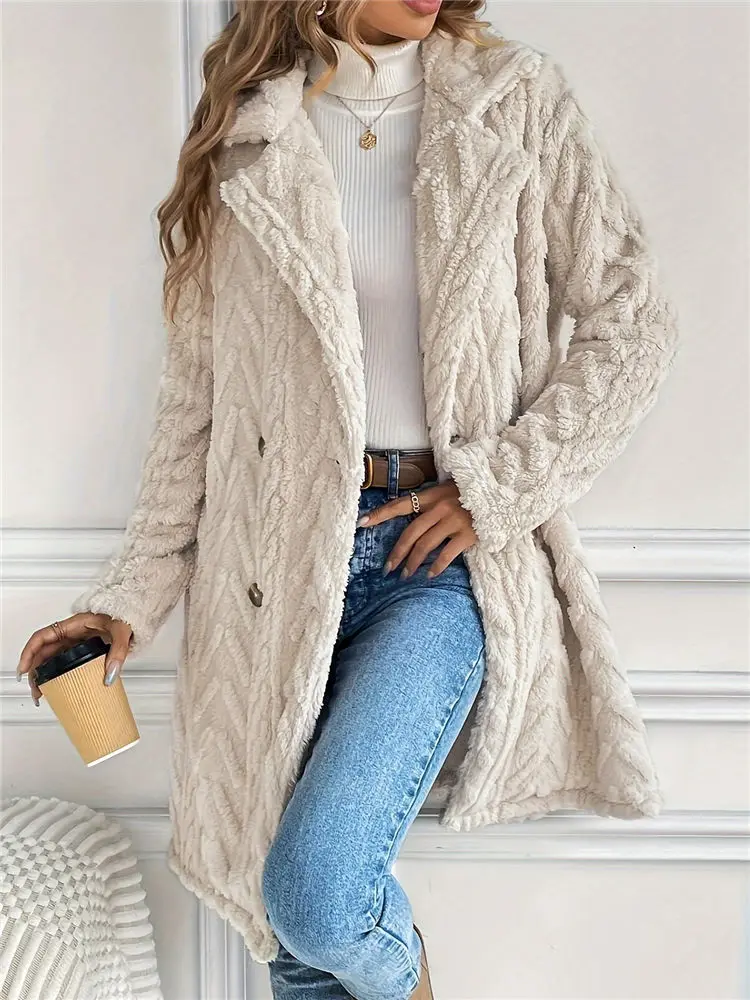 

Women Winter Teddy Fleece Coat Vintage Wheat Twist Embossed Sherpa Sweater Long Elegant Fleece Cardigan