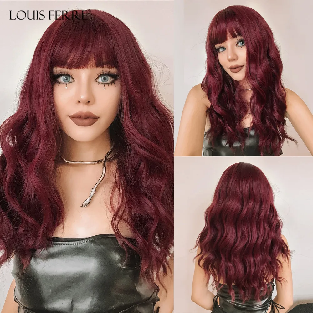 LOUIS FERRE Long Wine Red Wavy Wigs for Women Narutal Wavy Curly with Bangs Colorful Cosplay Party Heat Resistant Synthetic Wigs