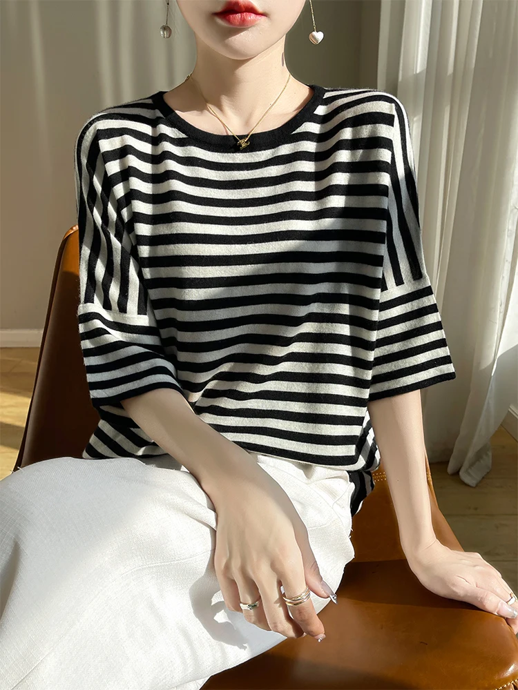 ADDONEE  New Chic Women O-neck Striped Half Sleeve T-shirt Spring Summer Casual Pullover Sweater 30% Merino Wool Knitwear Tops