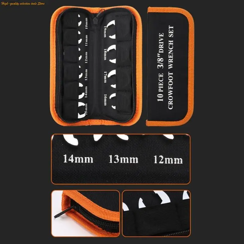 203F Complete 10mm-19mm Crowfoot Wrench Collection Steel Construction 3/8'' Drive with Organizers