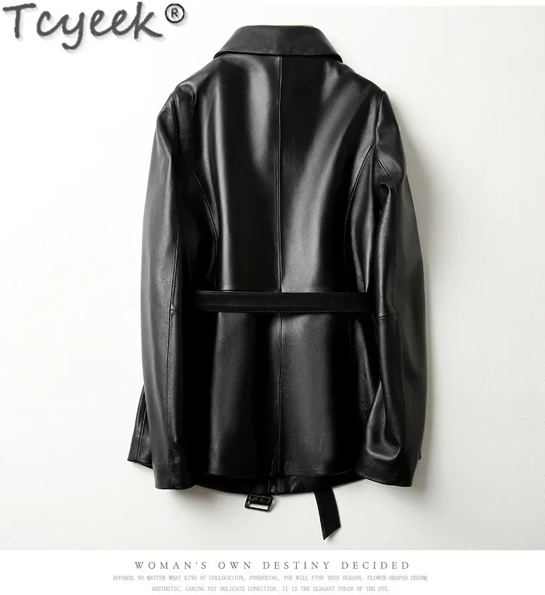 Tcyeek Veste en cuir véritable pour femme, peau de mouton véritable, vestes de moto mi-longues, automne, hiver, vêtements de combinaison pour femme, nouveau, 2023