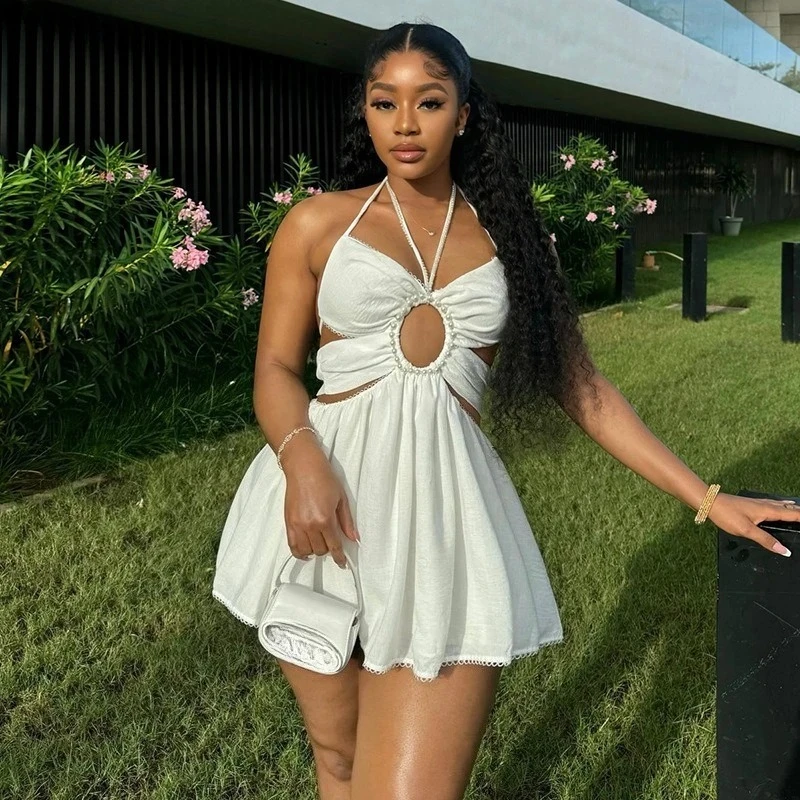 

2025 fashion Sexy Halter Lace-up Backless A-line Mini Dress Women Holiday Hollow Out Beading Sleeveless Club Party Short Dresses