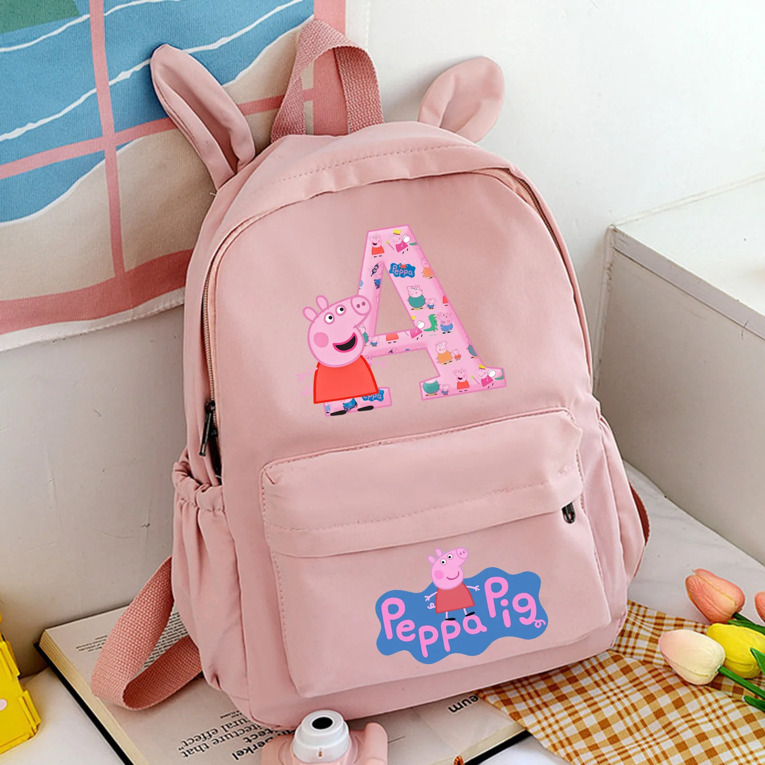 

Новый рюкзак Peppa Pig с буквами A-Z и кроличьими ушками, розовый школьный ранец в стиле аниме, вместительная сумка для книг для мальчиков и девочек, подарок