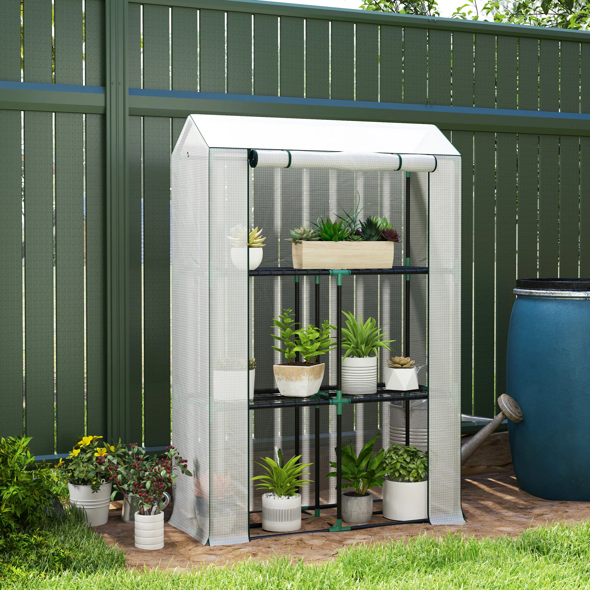 Outsunny Gewächshaus mit Regale Rolltür, winterfest Foliengewächshaus aus Stahl