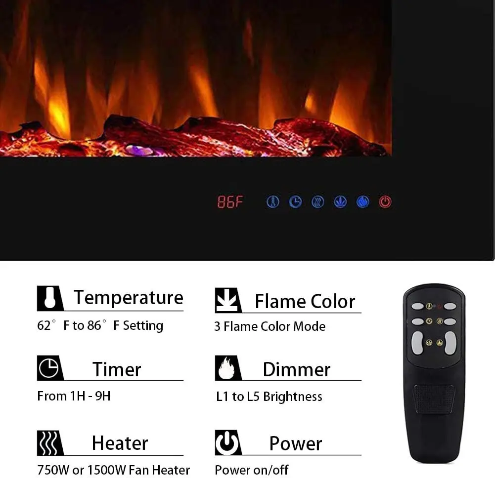 42 Electric Recessed Fireplace, 5 Adjustable Flames, Log or Crystal, Touch & Remote Temperature Control