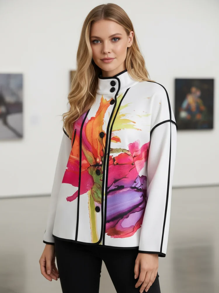 Freeacy 2025 Women\'s Stylish Jackets Floral Printed Split-joint Stand Collar Long Sleeves Loose Coat Buttoned Casual Outerwears