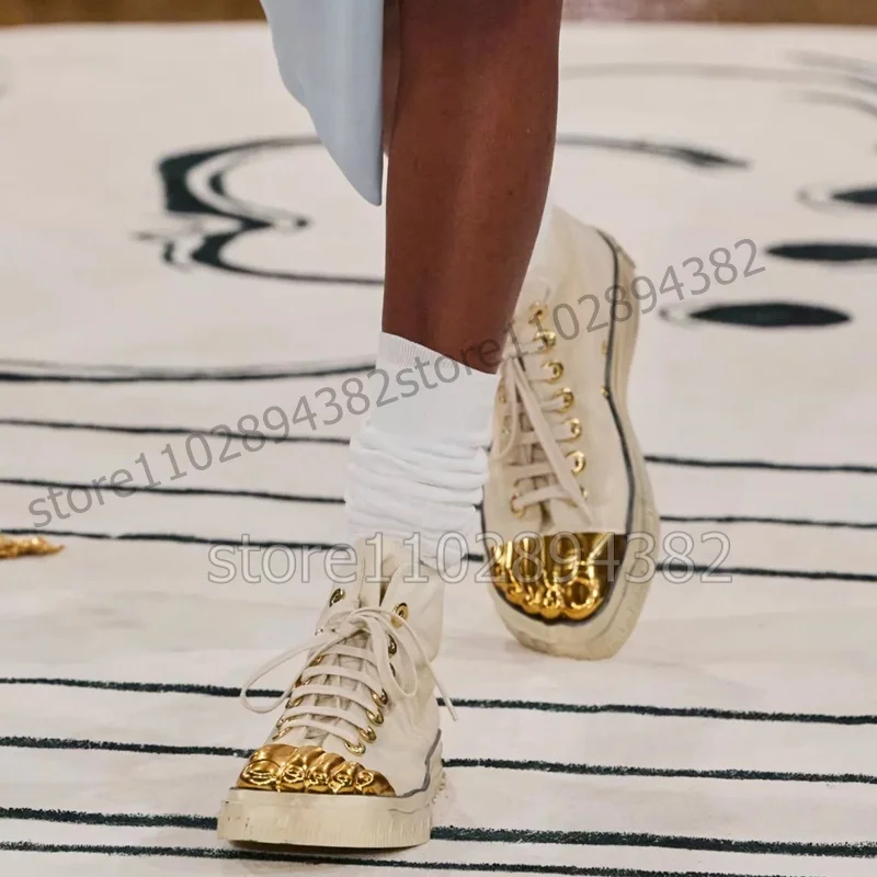 Ouro cinco dedos bege sola tênis de lona cruz amarrado sapatos femininos alta superior nova moda banquete pista 2024 zapatos para mujere