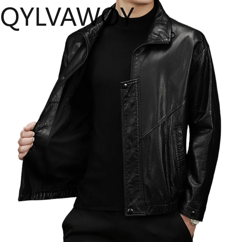QYLVAWOY Genuine Goatskin Leather Jacket for Man Lapel Casual Loose Men Coats High Quality Short Jackets Spring Autumn Casacos
