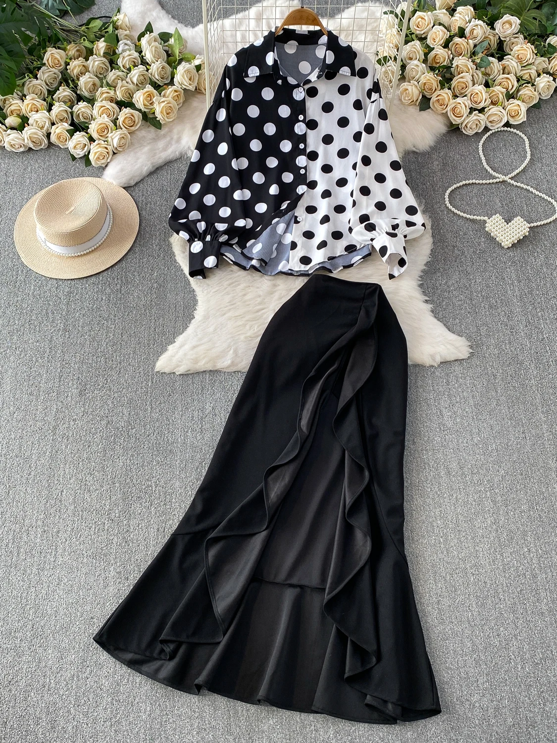 

Elegant Commuter Polka Dot Anti-Wrinkle Satin Collar Shirt Women's Gored Skirt Two-Piece Set Summer Fashion Workwear