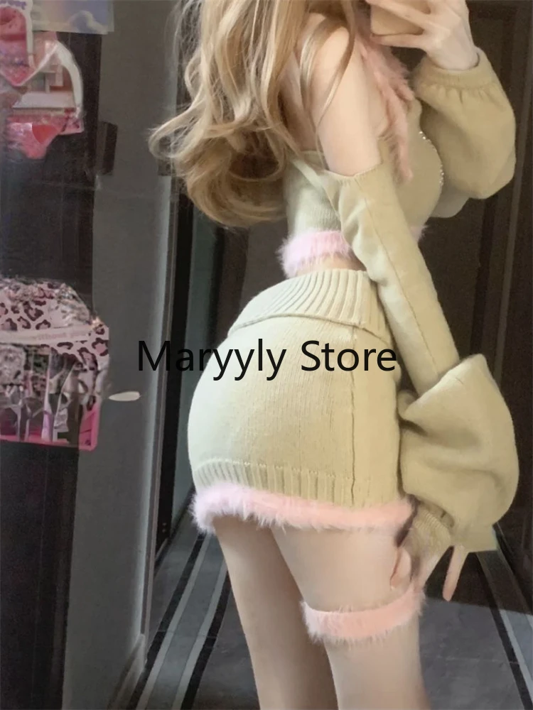 2023 Autumn Casual Sexy Knitted Sweater Suits Women Y2k Crop Tops + Mini Skirts Korean Fashion 2 Piece Dress Set Chic Bodycon