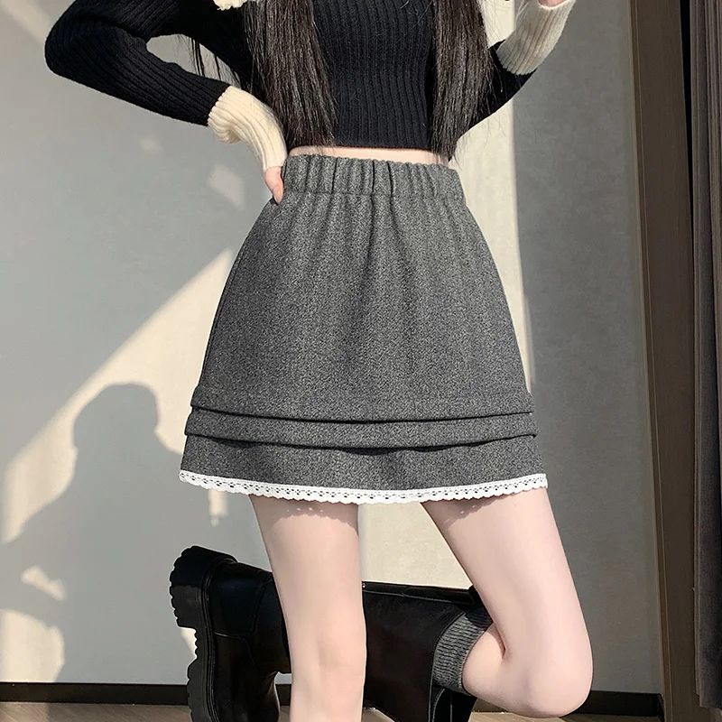 Retro Beige Woolen Mini Skirt Woman Fashion Cake Layered Ruffled Edges For Women Elastic High Waist Spliced Skirt Shorts Winter