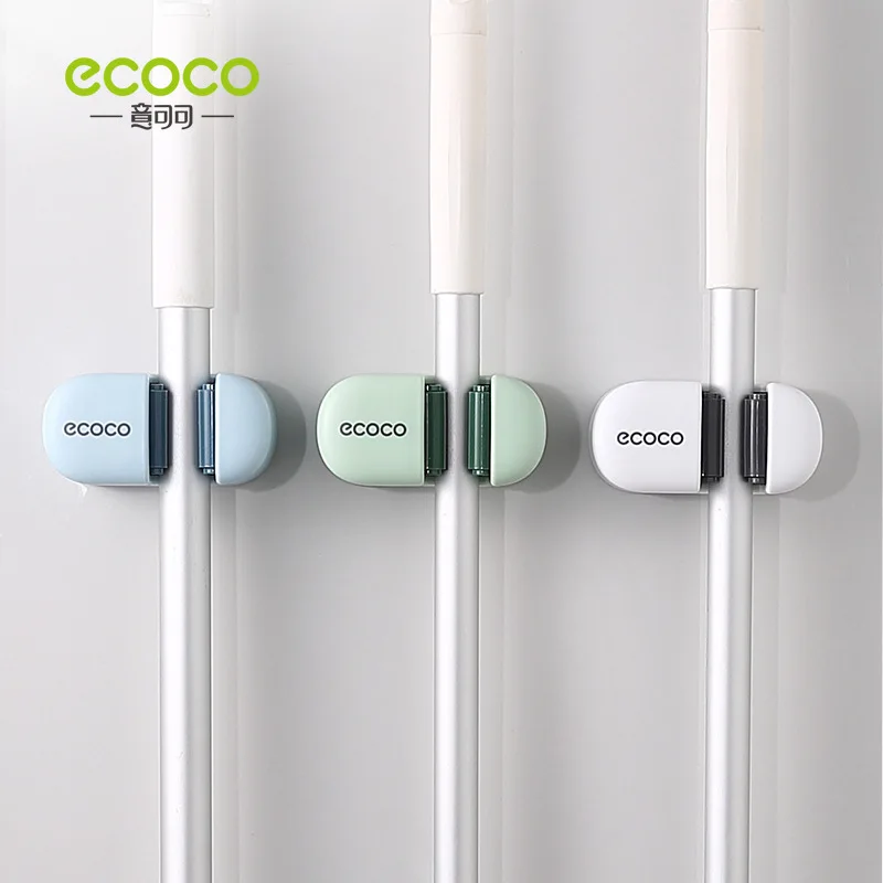 Ecoco Multi-Purpose Mop Broom Holder Wall Mounted Household Adhesive Storage Hanger Mop Hook Racks Kitchen Bathroom Organizer