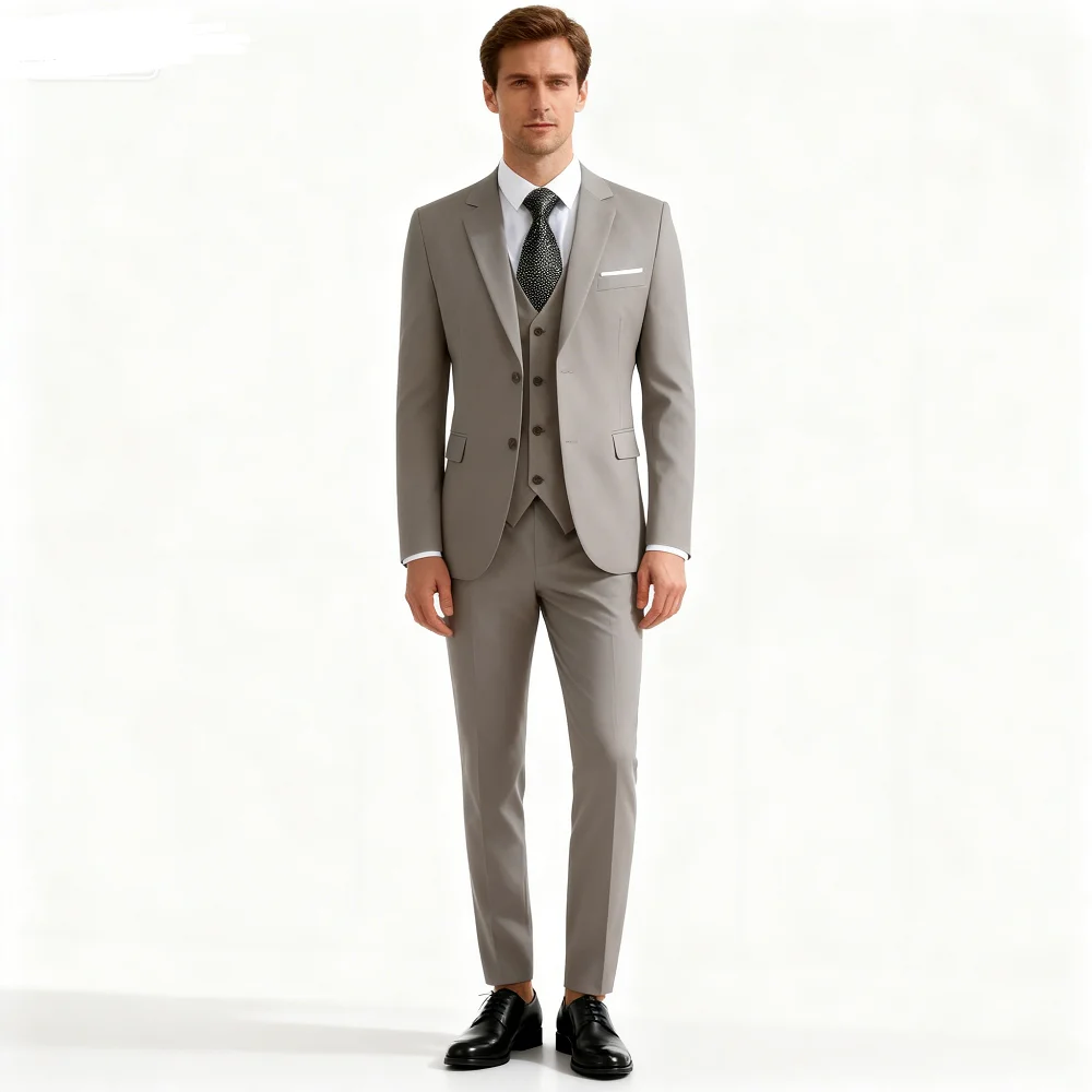 

Elegant Solid Single-Button Slim Fit 3-Piece Men's Terno Blazer Vest Pants Ensemble for Formal Occasions