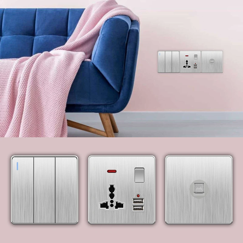PSSRISE C85 EU UK RU Standard Wall Switch Socket Power Outlet Light Switch Silver Brushed PC Panel TV TEL Computer USB Socket