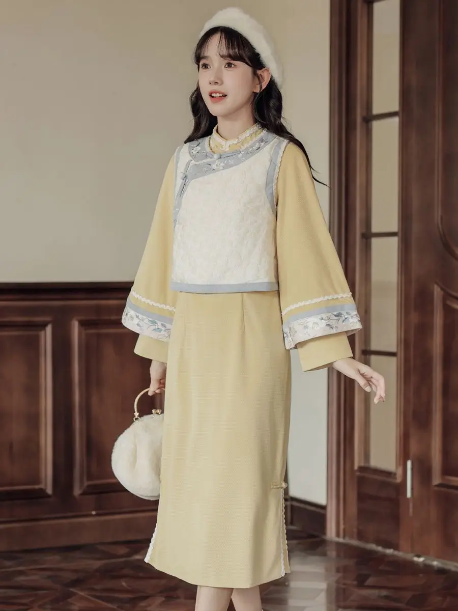 Long Sleeved Winter Cheongsam Hanfu Elegant Thickening Daily Sweet Cute Girl Chinese Dress Qipao for Women