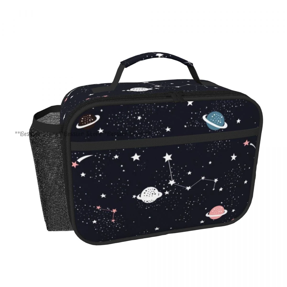 Space Galaxy Pattern Tote Lunch Bag Insulated Cooler Bag Easy Clean Food Handbag for Daily Travel Picnic