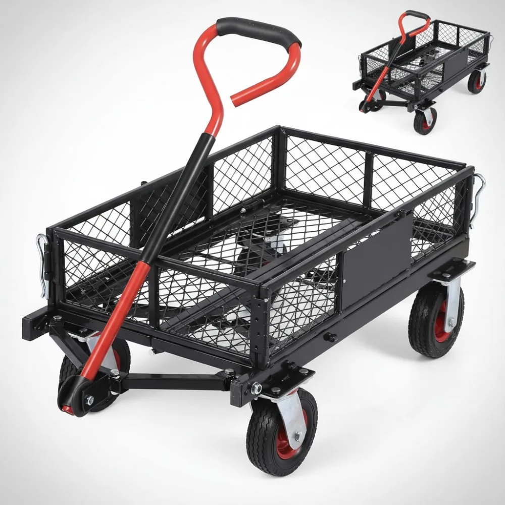 Carrinho de jardim dobrável resistente de 360 libras - vagão utilitário de aço com alça giratória e lados removíveis para trabalho em quintal