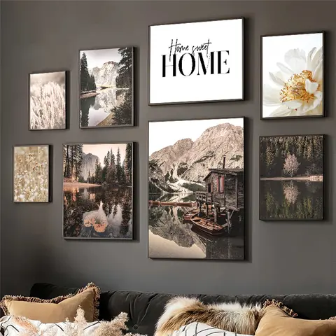 풍경 꽃 그림 캔버스 회화 벽 예술 가을 풍경 산 호수 잔디 포스터 및 인쇄 현대 홈 벽 장식