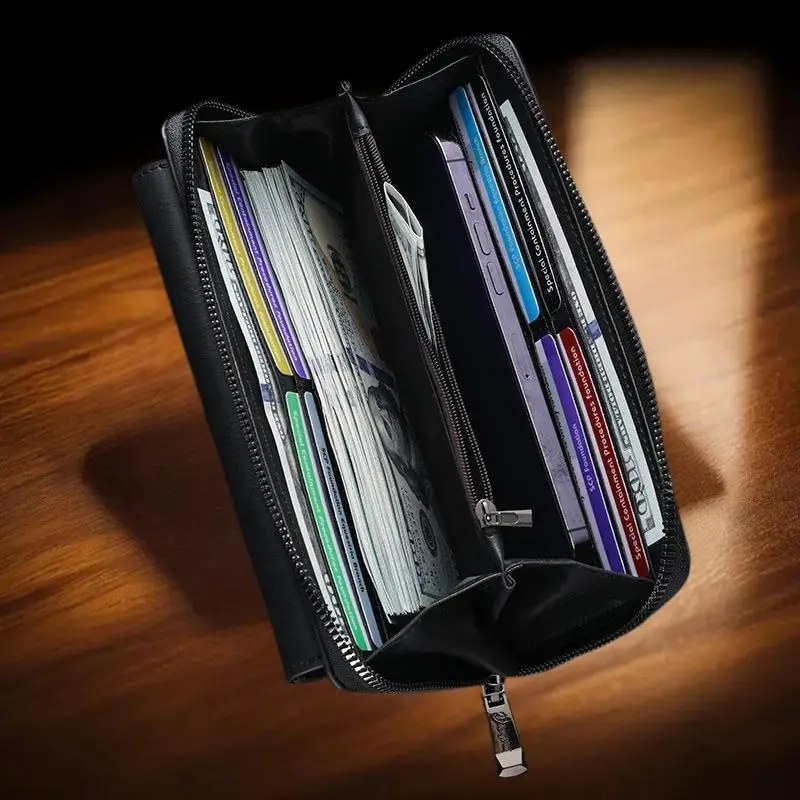 محفظة أنيقة متعددة الفتحات للبطاقات للرجال والنساء؛ PU، سحاب طويل، جيب للعملات المعدنية ومحفظة حقيبة الهاتف.