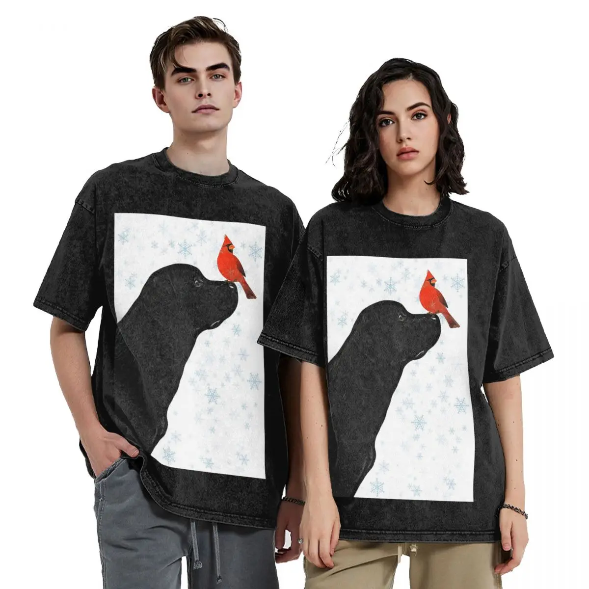 Black Labrador Christmas And Cardinal Bird Washed T Shirts Vintage Short Sleeve Hip Hop T-Shirt Streetwear Tops Tees