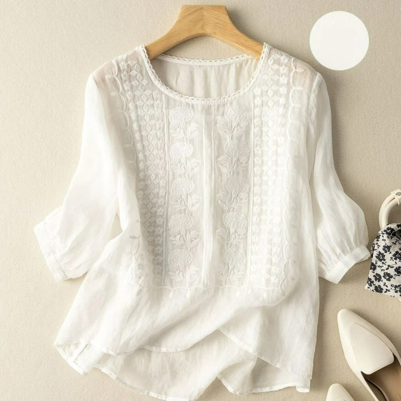 

Women's Thin Blouse Embroidered Summer New Round Neck Top Retro Puff Sleeve Shirt