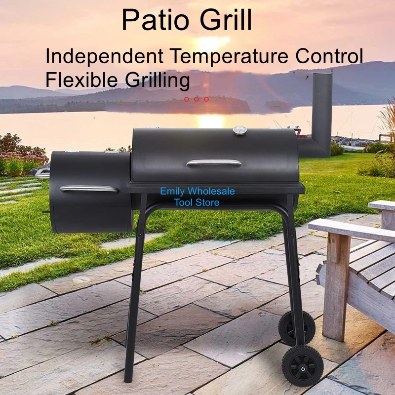 Large Two-Tier Outdoor BBQ Grill with Chimney: Garden Charcoal Grill, Smoker, and Braiser