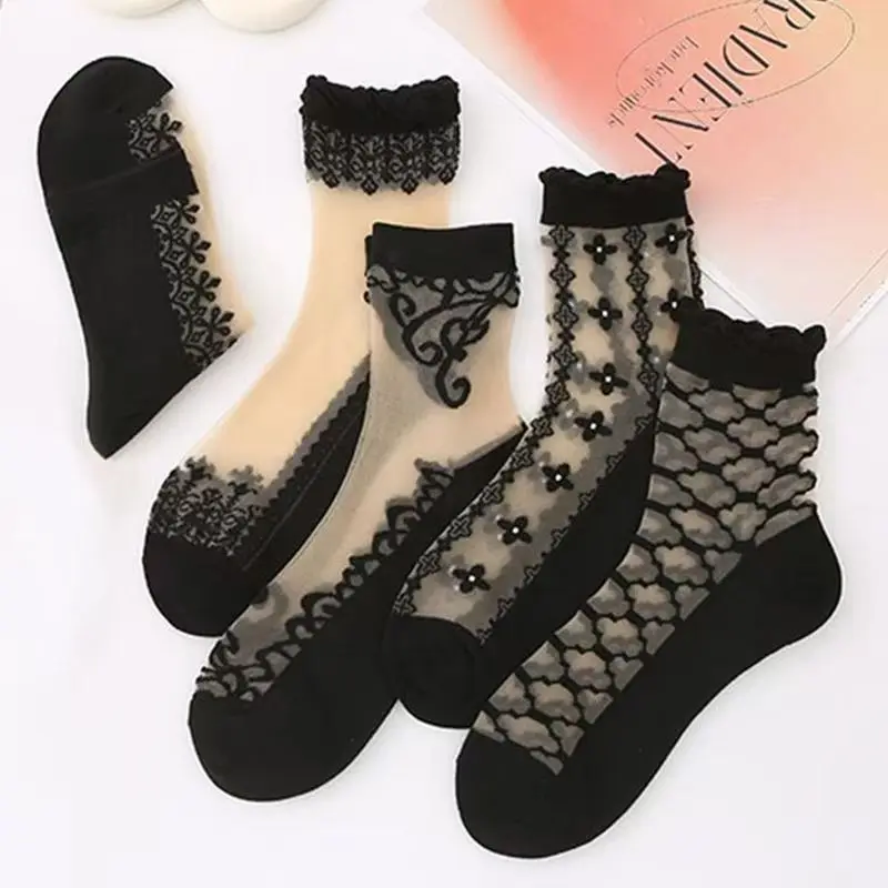 5/10 Pairs Women Lace Mid Tube Crystal Socks Retro Floral Pattern Summer Lightweight Wear-Resistant Breathable Casual Socks