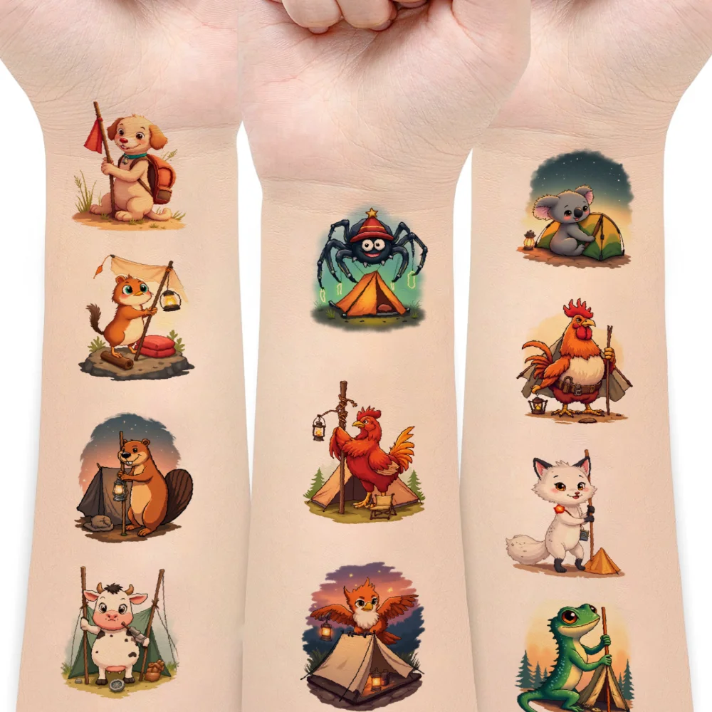

54 шт., временные татуировки, фонарики, временные татуировки, наклейки, палатка с животными, водонепроницаемые, долговечные, наклейки для тела, кемпинга, рук