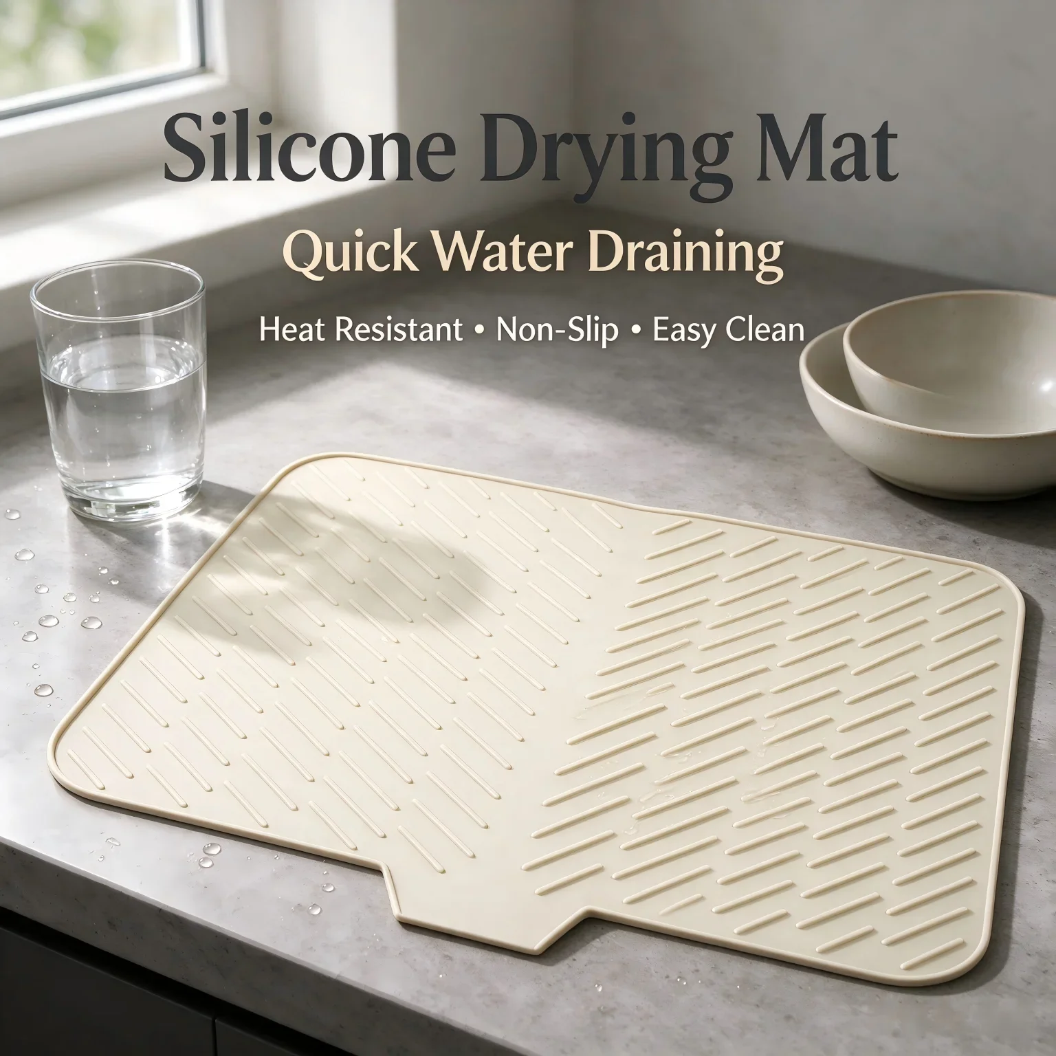 Silicone Slope Drain Mat for Kitchen Sink & Bathroom Vanity, Textured Self-Draining Design, Non-Slip Countertop Protector, Easy to Clean