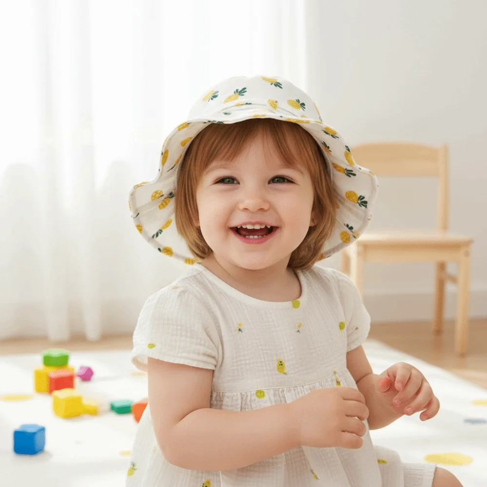 

Cotton Fabric Baby Girl Sun Hat Flower Print Bowknot Kids Bucket Hats Breathable Lightweight Foldable Design