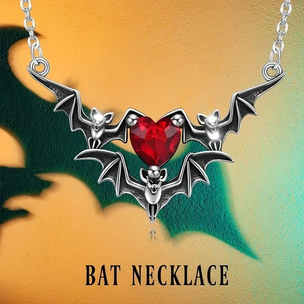 Gothic Punk Bat Wings Heart Shaped Resin Pendant Necklace Dark Fantasy Alloy Chain Halloween Casual Jewelry Gift for Women